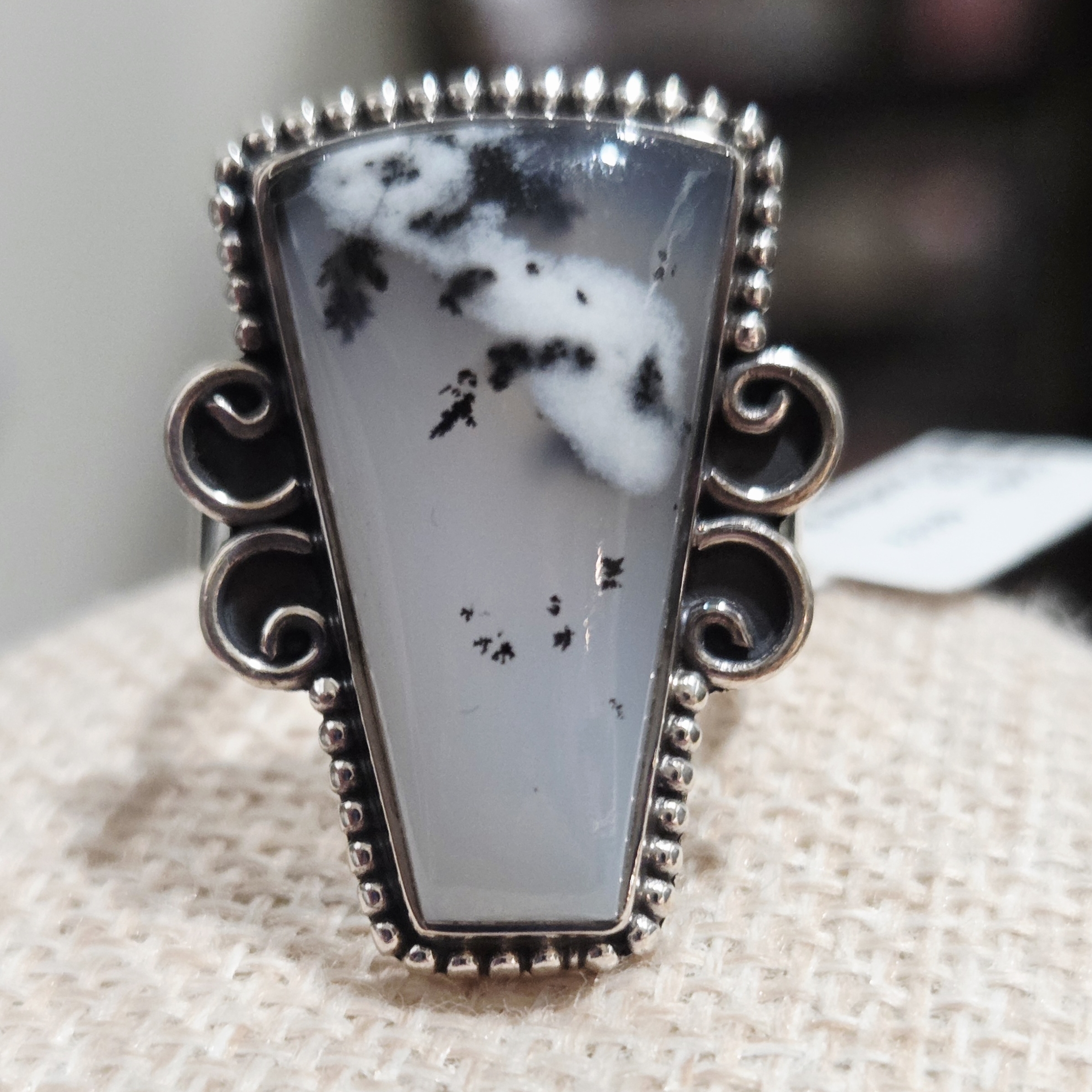 Silver And Dendritic Opal Agate Stone Ring